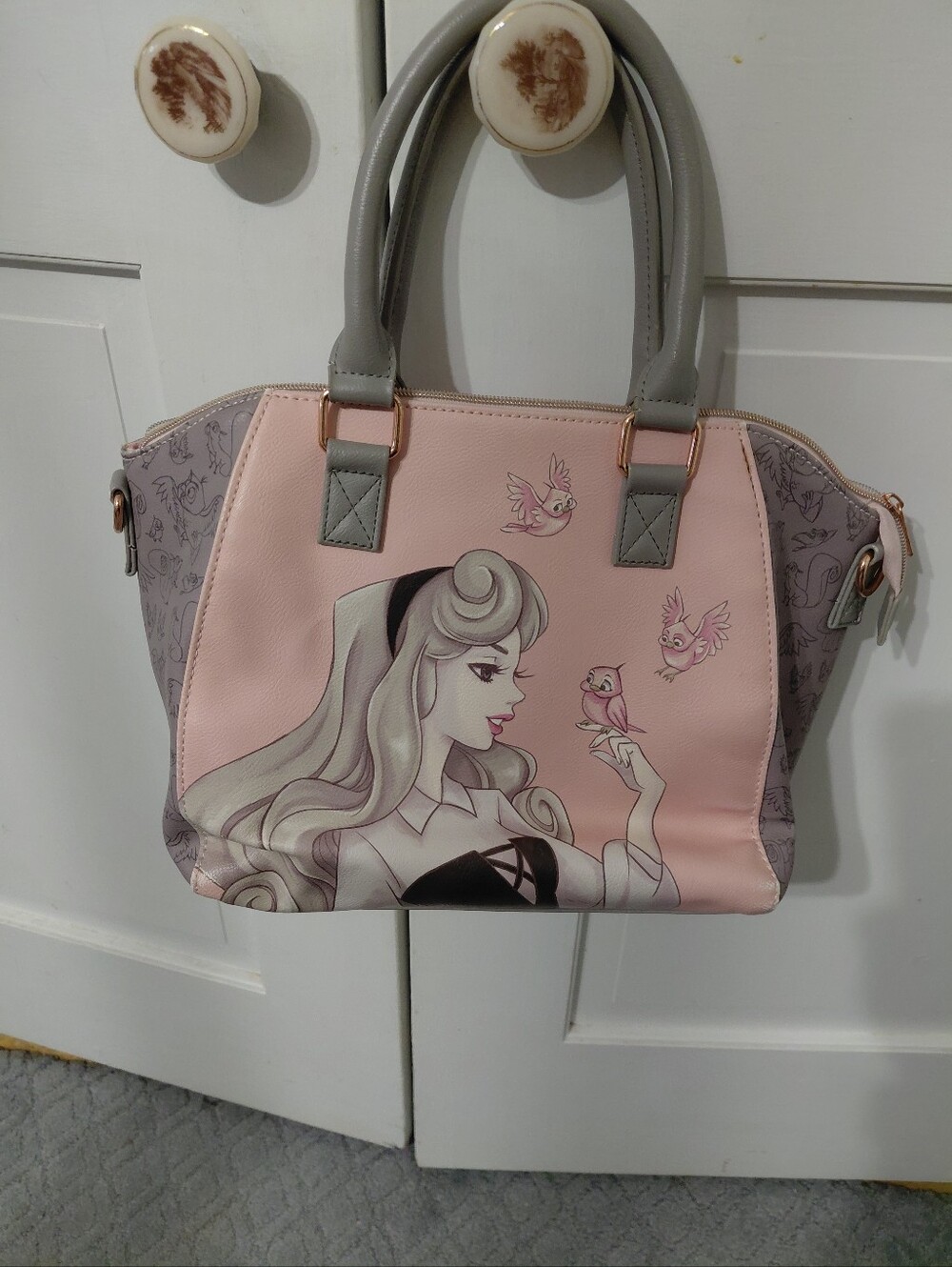 Lounge Fly Sleeping Beauty Pink Illustrated Women's Tote Bag with Gray Handles
